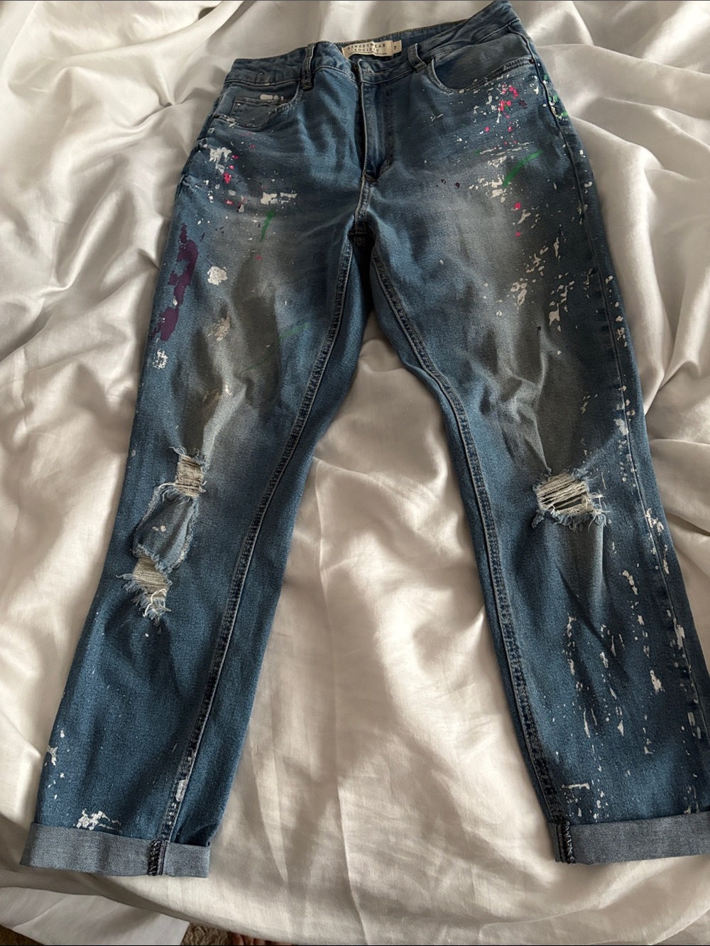 Streetwear Society Distressed Boyfriend Jeans with Paint Splatter - Blue